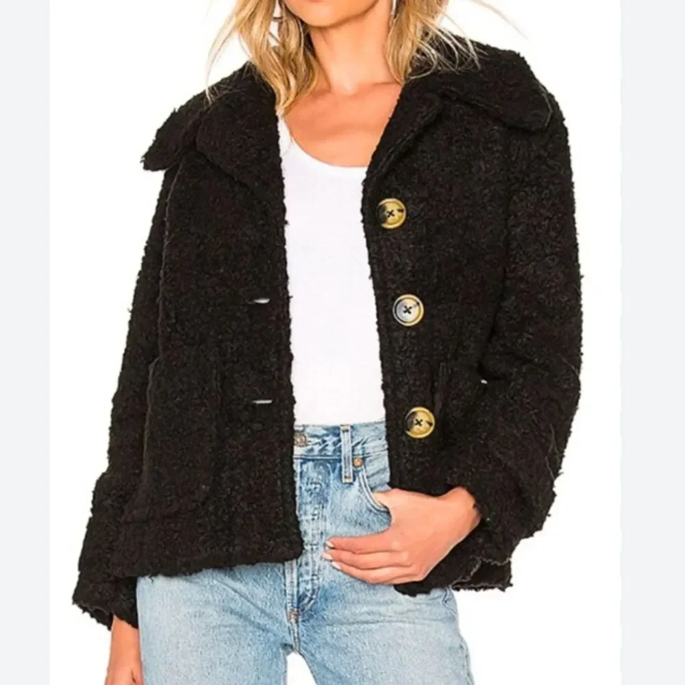 Free People So Soft Cozy Peacoat Sherpa Teddy Jacket Faux Shearling Black Coat S